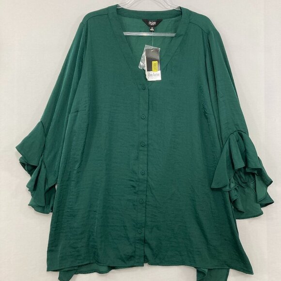 Investments Tops - New Investments 3X Green Forest V Neck Ruffle Flare‎ Sleeve Romantic Button Down